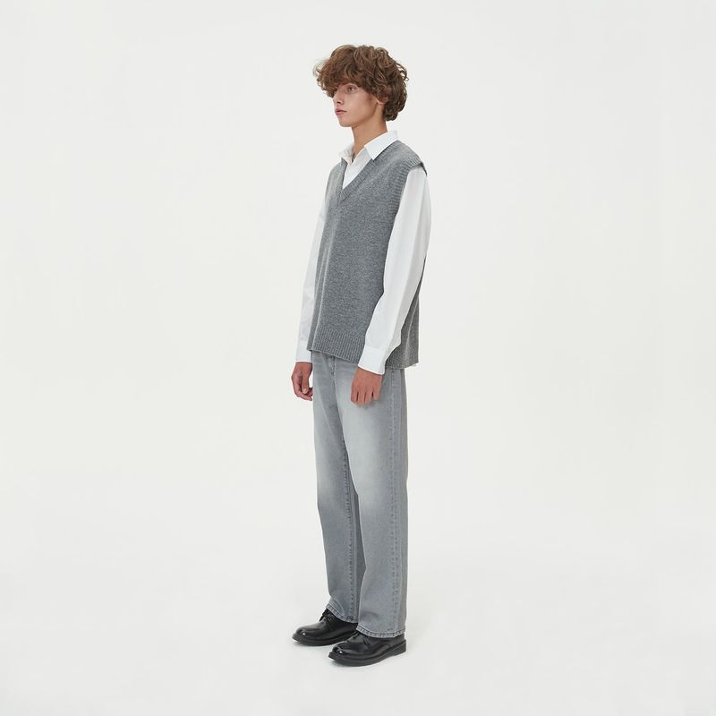 LAMBSWOOL V NECK KNIT VEST_GRAY