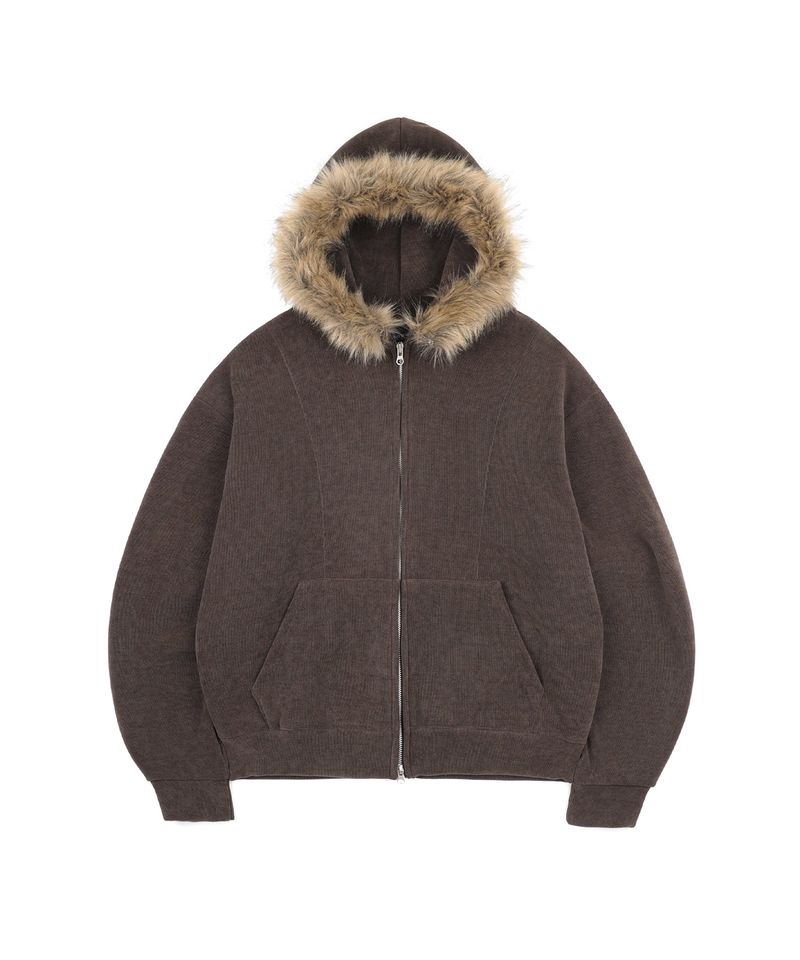 EASY NO EASY（イージーノーイージー）の「Ribbed Knit Fur Hooded Zip-Up - Brwon（Tops）」
