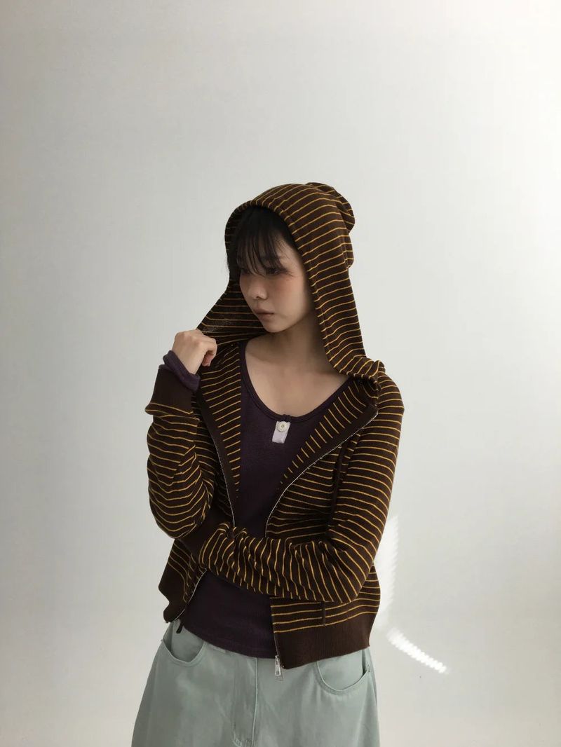 Bobby Striped Knit Zip-Up Hoodie (7color)