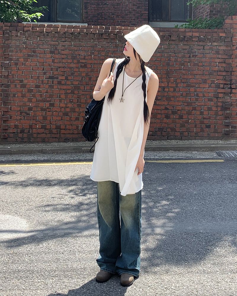 WONDER WONDER（ワンダーワンダー）の「Sove Back Ribbon String Nylon Layered Mini Sleeveless Dress（Dresses）」