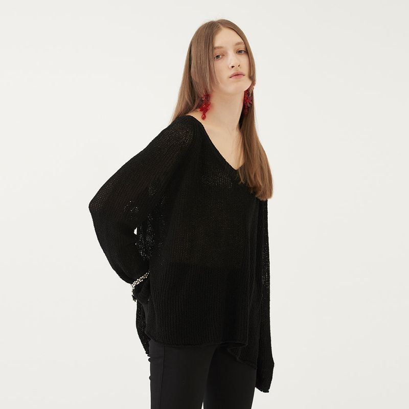 TMO BY 13MONTH（ティーエムオーバイサーティーンマンス）の「V-NECK KNIT TOP (BLACK)（Tops）」