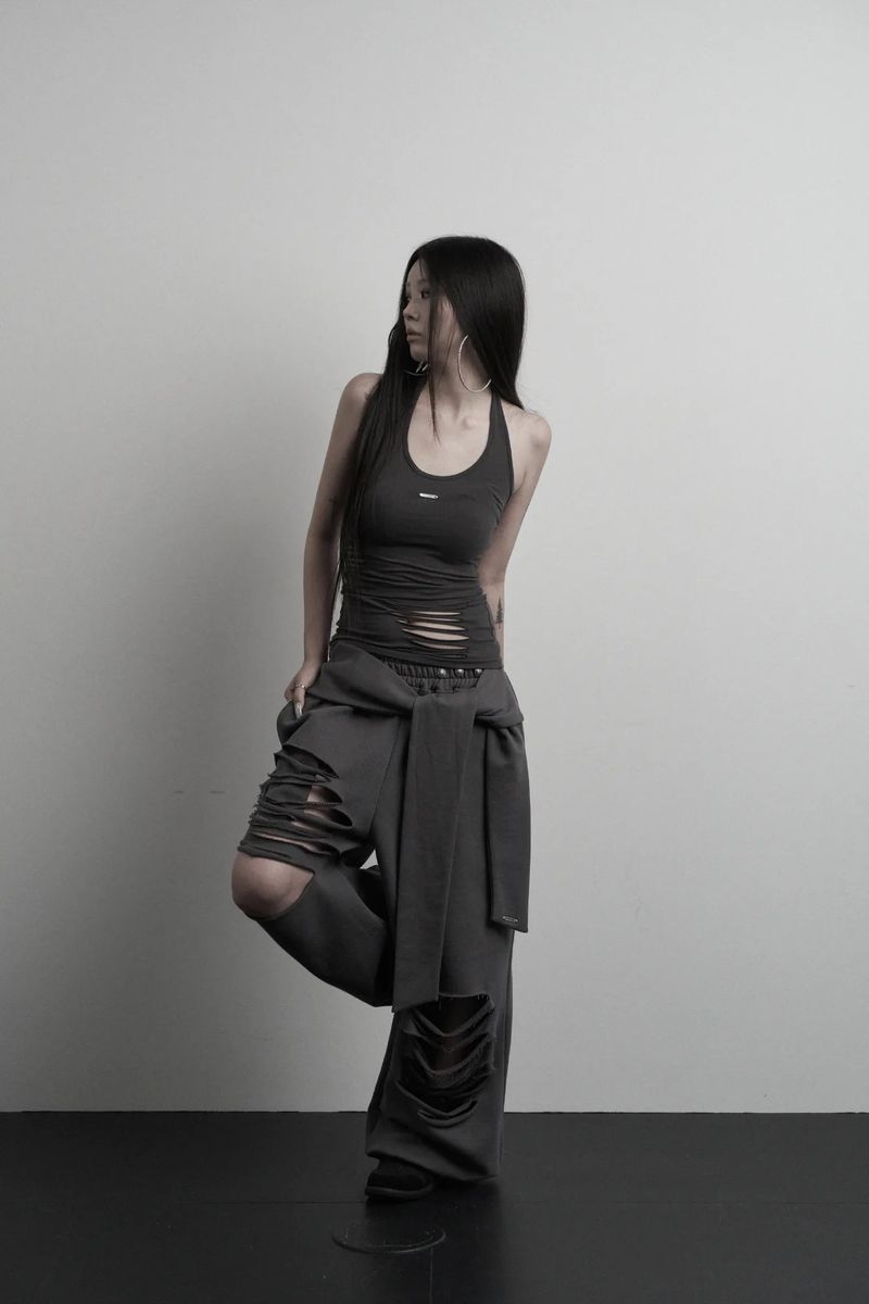 [label] layered tie damage wide pants (charcoal)