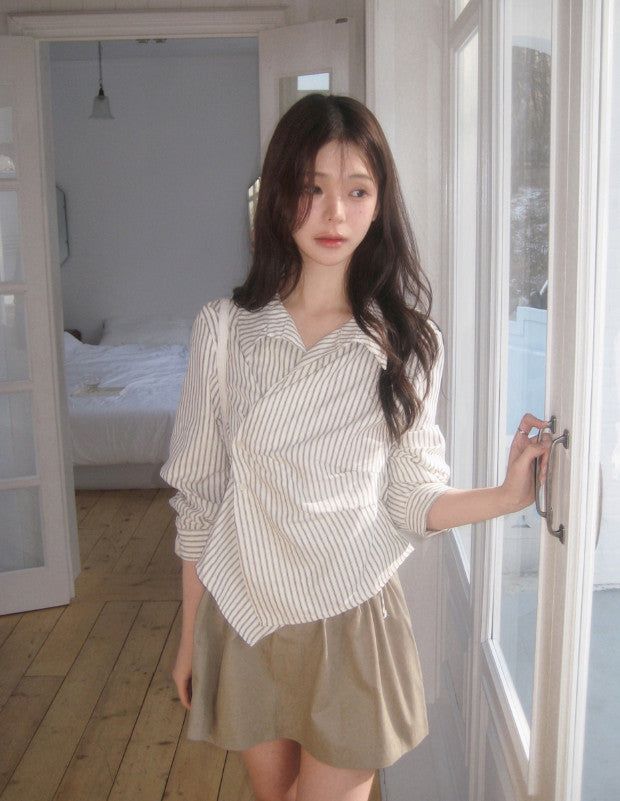 MT Pintuck Strap Button Stripe Wrap Shirt (3color)