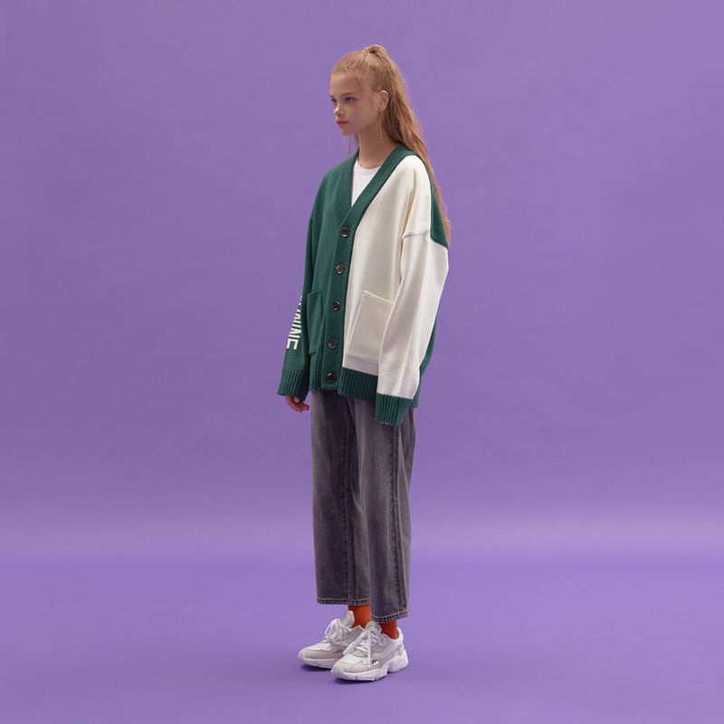 INTARSIA HALF HALF KNIT CARDIGAN_KHAKI