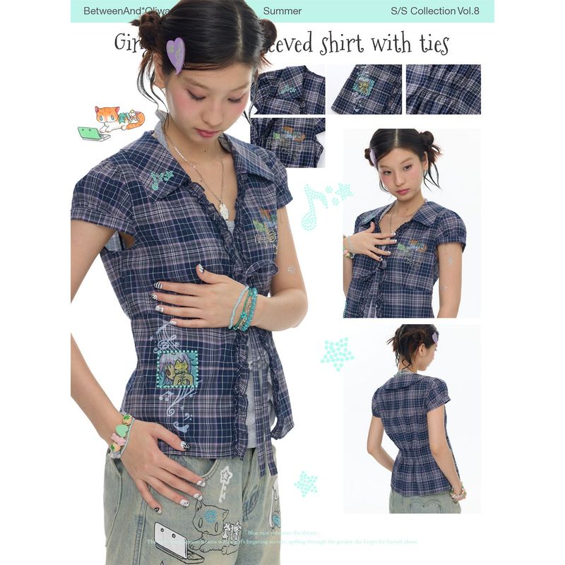 BETWEENANDxOliwa Summer Yamen Sparkle Diamond Collaboration Strapped Purple Plaid Short-Sleeve Shirt for Women