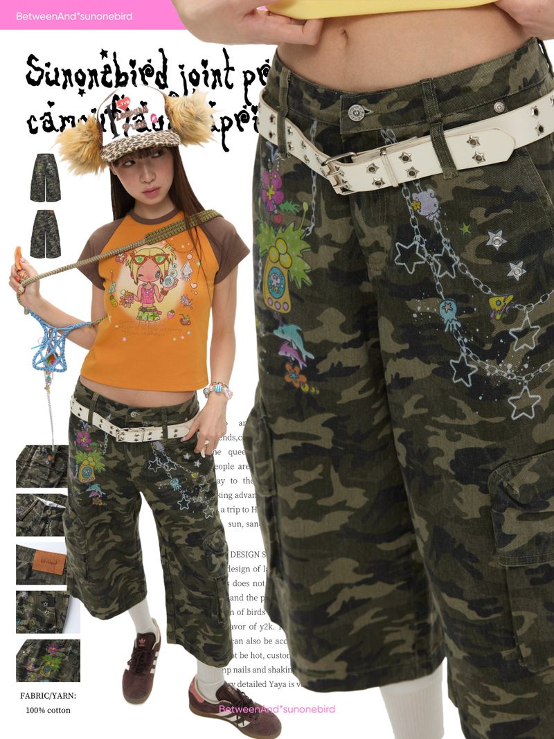 BETWEENAND（ビトゥウィーンアンド）の「BETWEENANDx sunonebird Collaboration Summer American Retro Printed Camouflage Pants Women's Seven Leg Pants（Pants）」