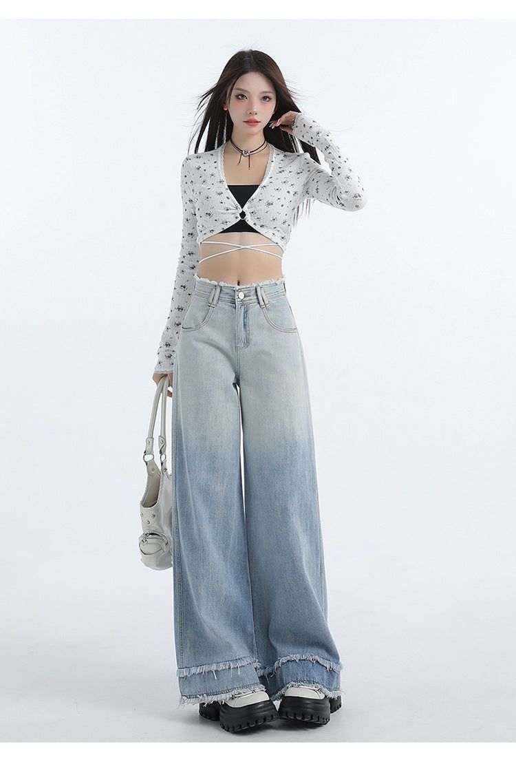 Gradient Blue Raw-Edge Wide-Leg Denim Pants