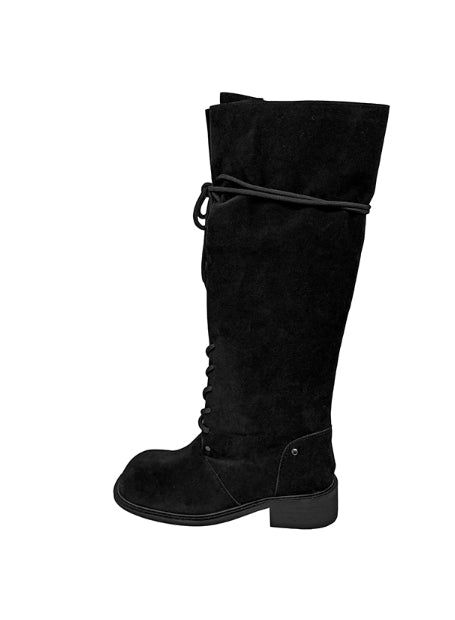 Semu lace-up fold long boots