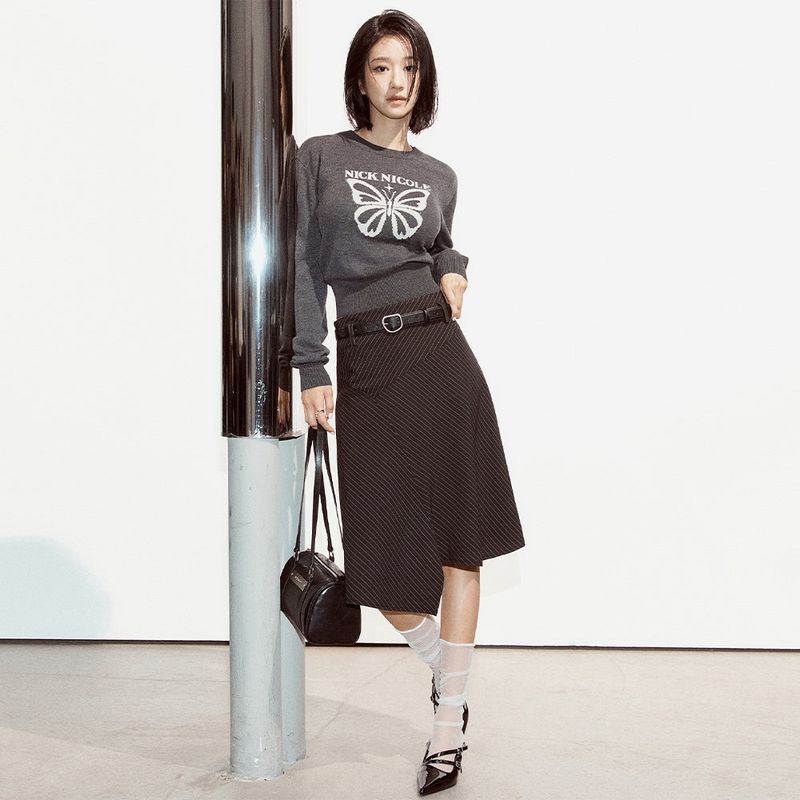 LOW-RISE STRIPE SHELL SATIN SKIRT_BLACK