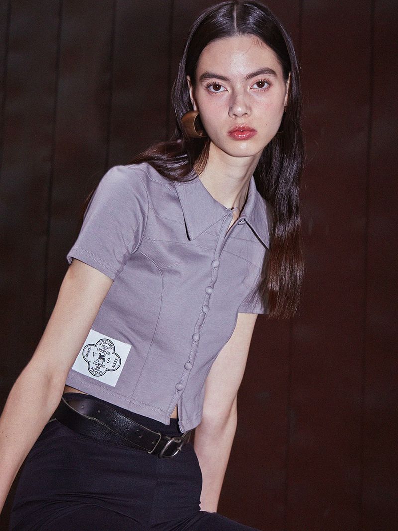 VITALSIGN（バイタルサイン）の「[LINE] Line Button Crop T-shirt (Gray)（Tops）」