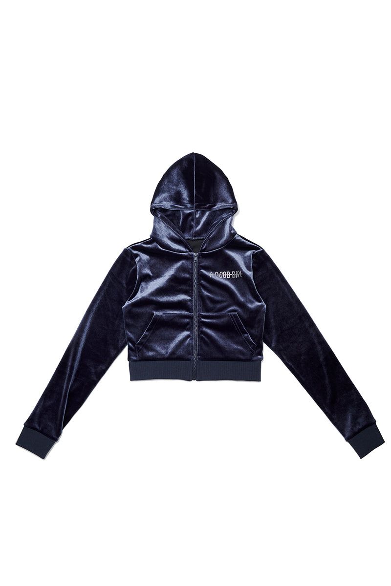 A GOOD DAY(ア グッドデイ)の「VELVET STONE CROP-HOODIE(charcoal)(Tops)」