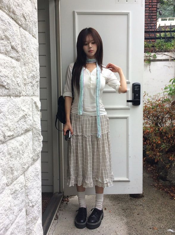 Saego Frill Check Midi Skirt