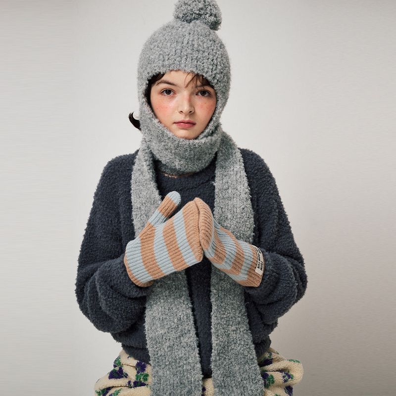 STRIPE MITTENS, BLUE+CAMEL