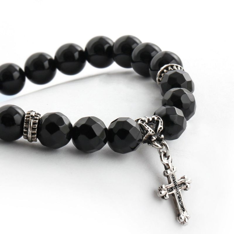 C22SVB-1002 Natural Stone Black Cutting Cross Onyx Bead Bracelet