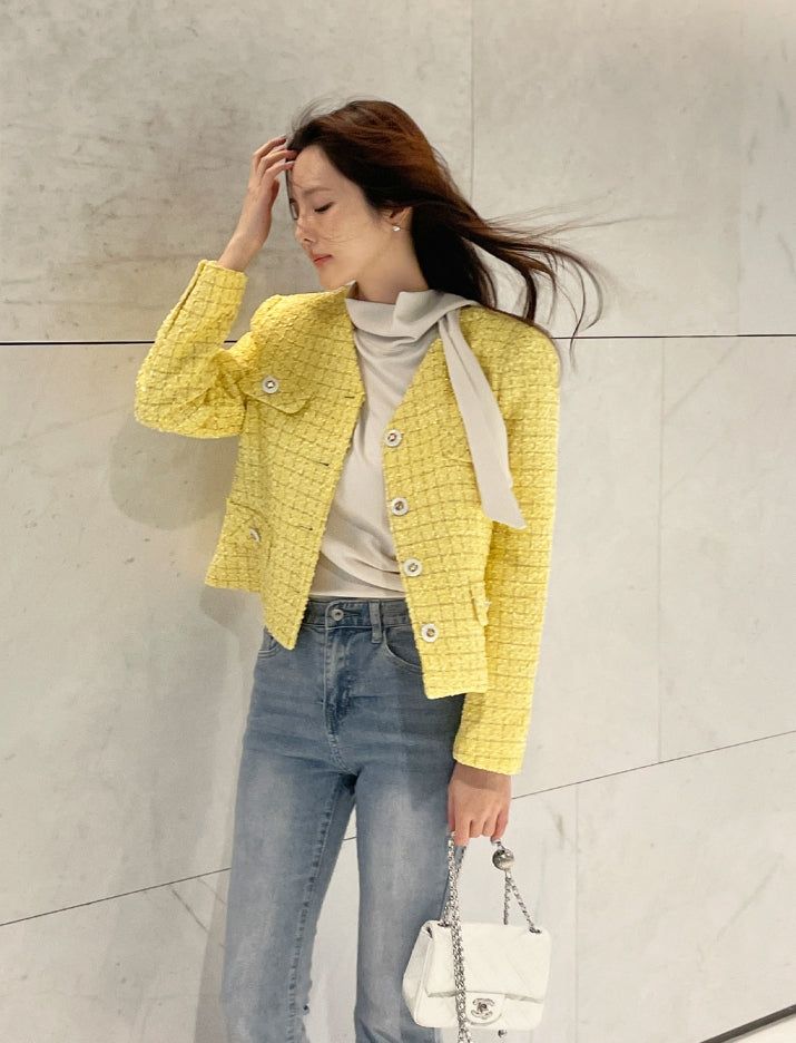 Bowl Check V-Neck Pearl Tweed Jacket