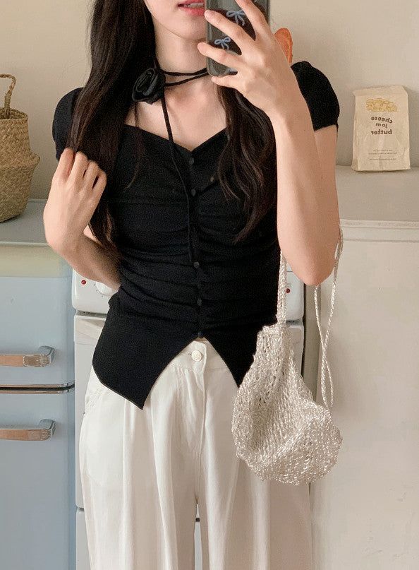#Rose Off Shoulder Slit Short Sleeve Knit (3color)