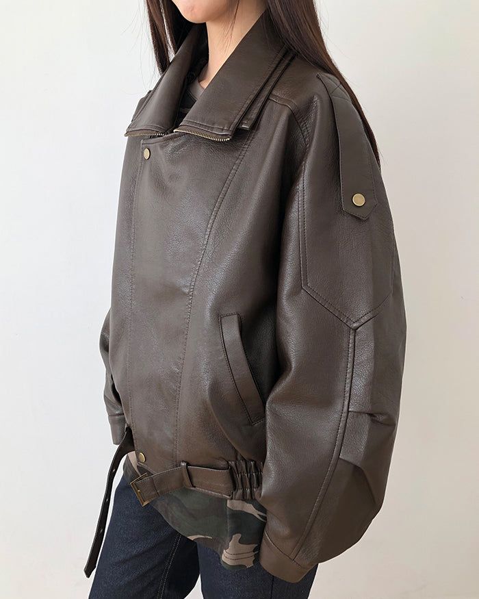 Noem Collar Oversized Leather Jacket