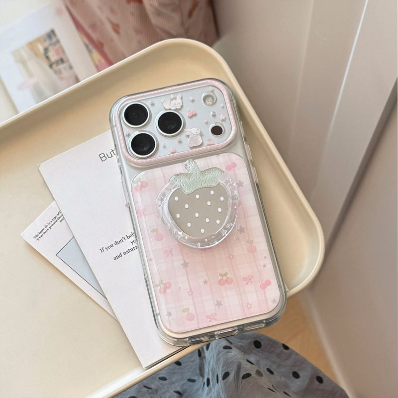Pink Check Strawberry Mirror Magnetic iPhone Case