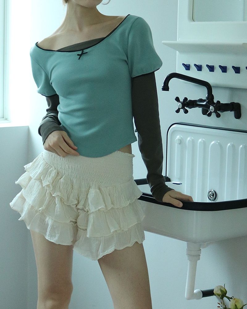 Puff lace layered top / sky-blue