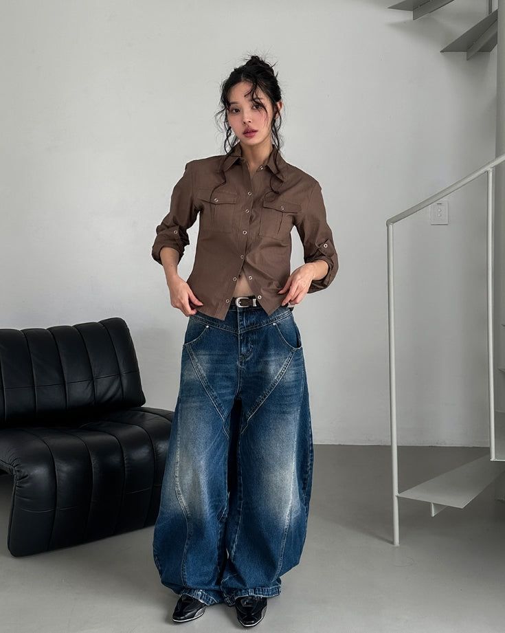 Tiv Curved Cut Balloon Denim Pants