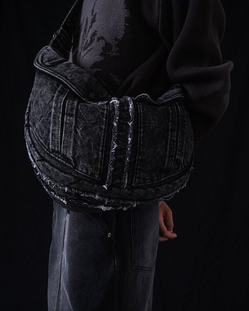 Washed Denim Shoulder Bag (Black)