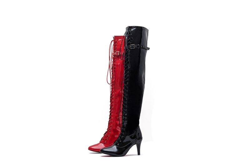 Thigh High Buckle Heel Boots(Red)