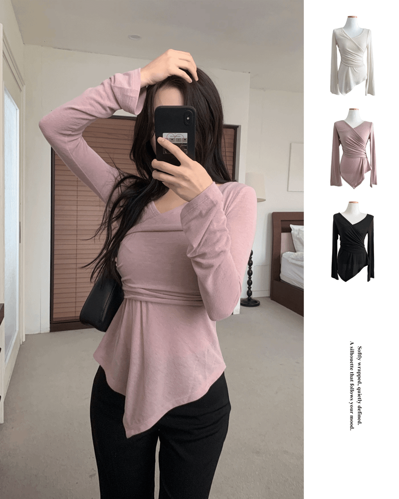 GUSTA（グスタ）の「Berre Wrap Shirring Asymmetric Long Sleeve Tee（Tops）」