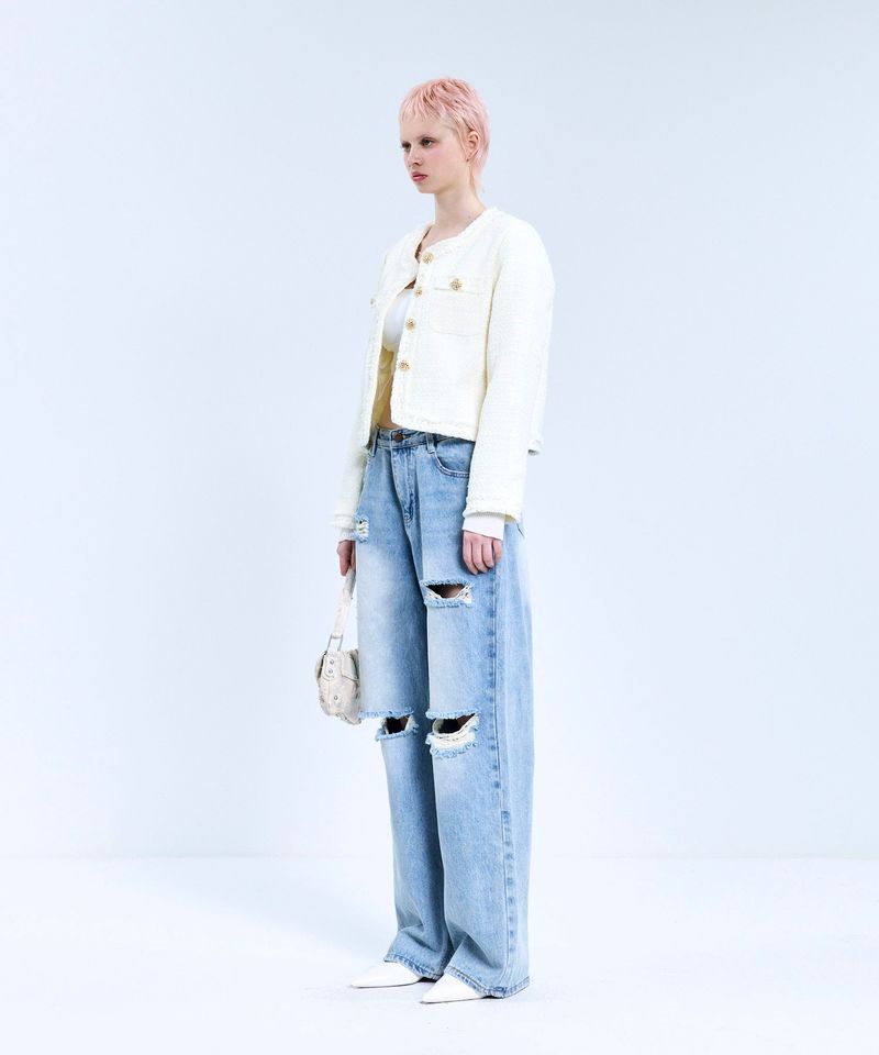 85-VIVAJ057 Line Fringe Crop Tweed Jacket White