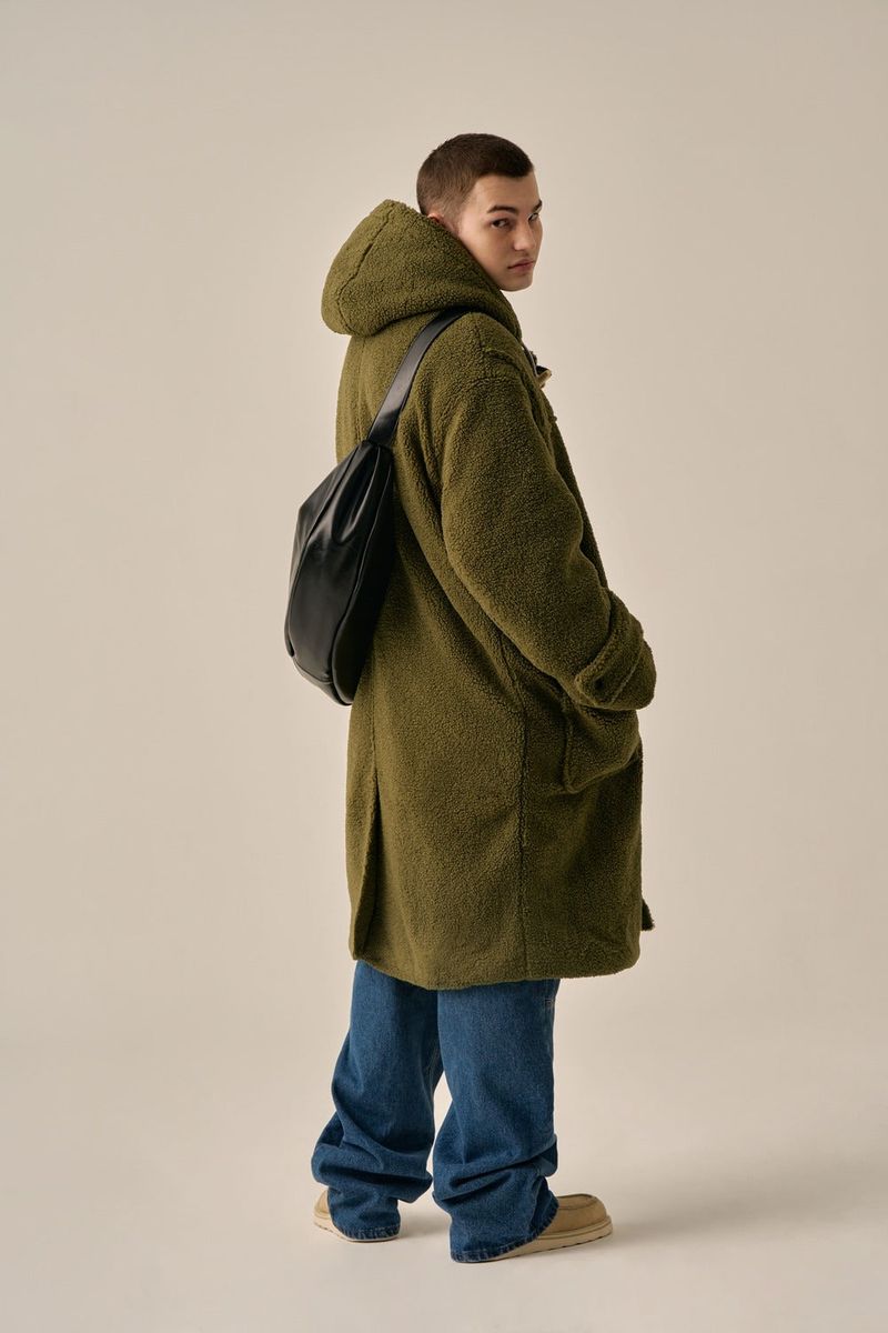 DUFFLE FLEECE HOODED COAT - KHAKI