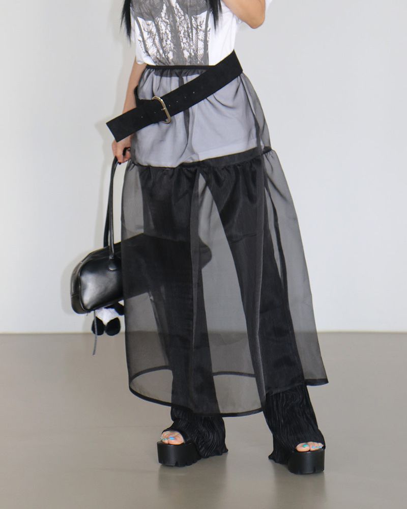 Volume see-through layered long skirt