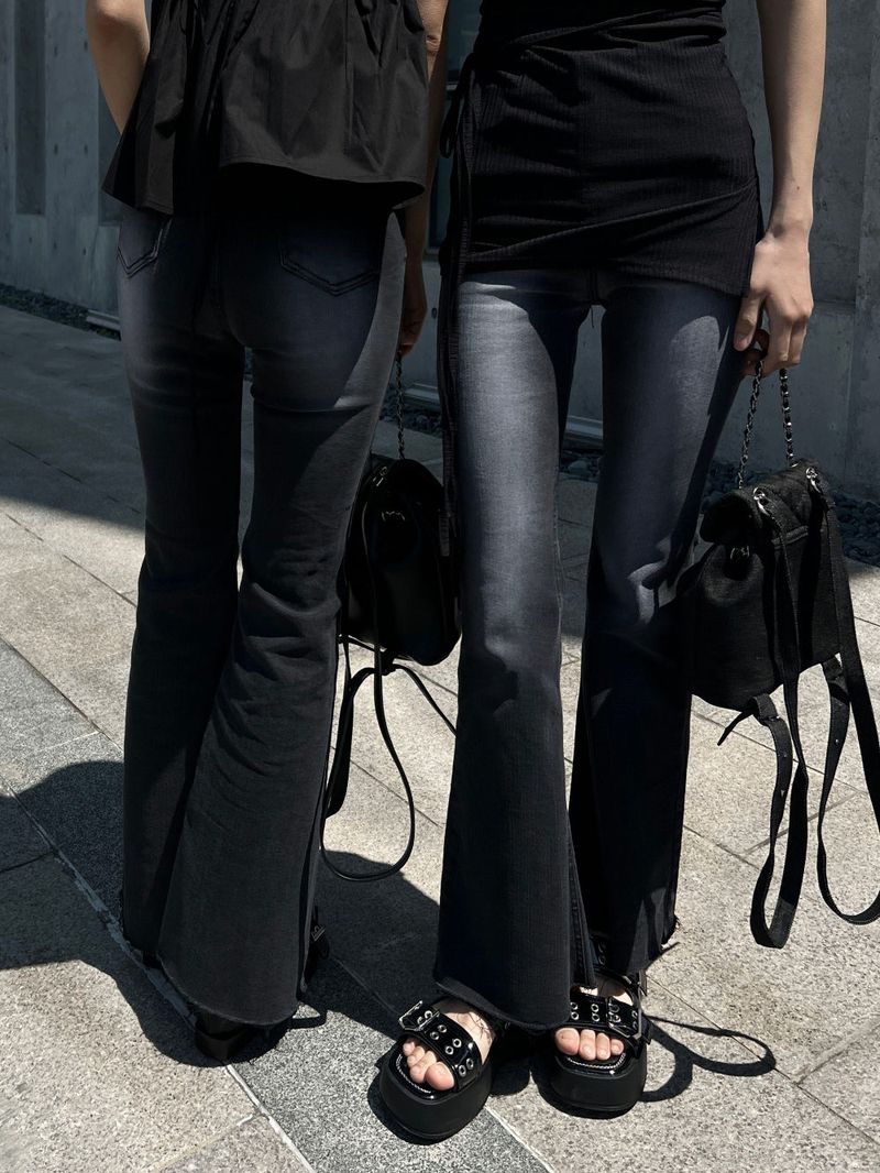 Gradient Washed High Waist Span Long Bootcut Denim Pants (Black)