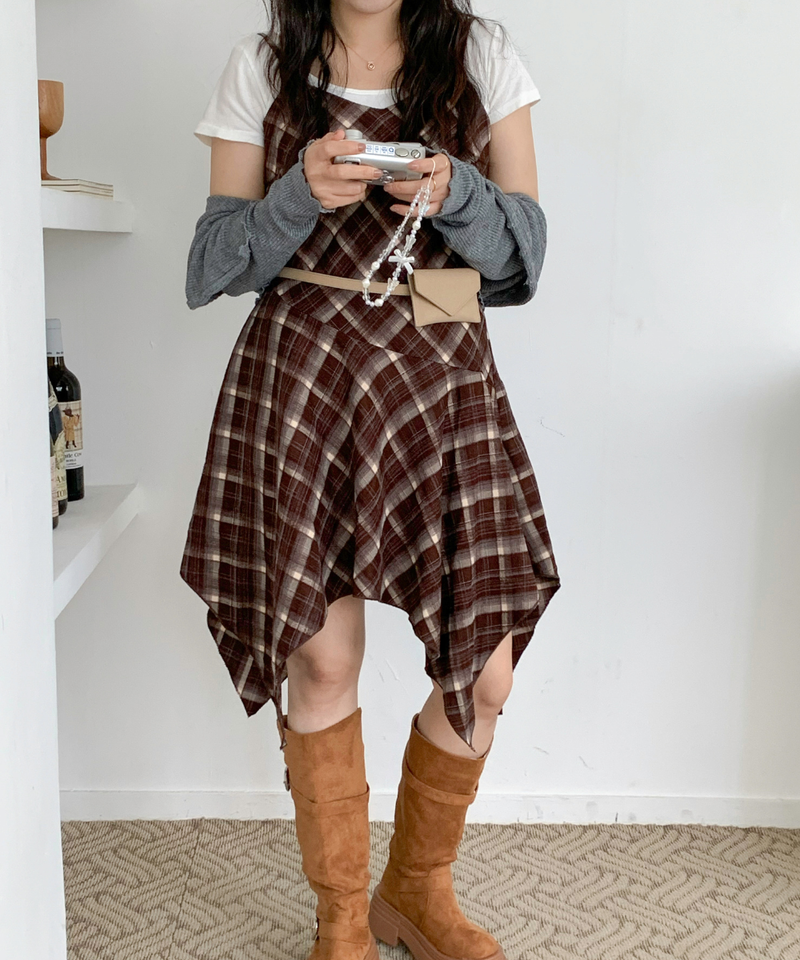 Mute Unbalanced Bustier Checkered Dress