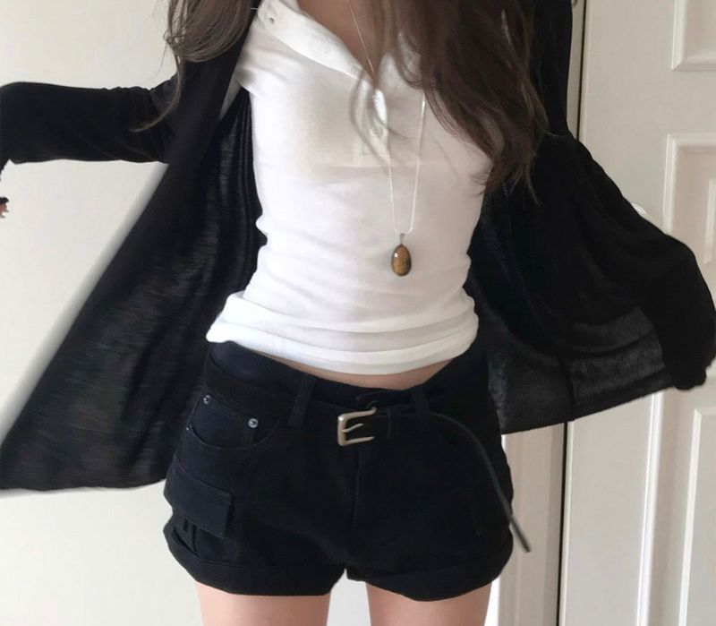 [glam] noid 3/4 sleeve button tee