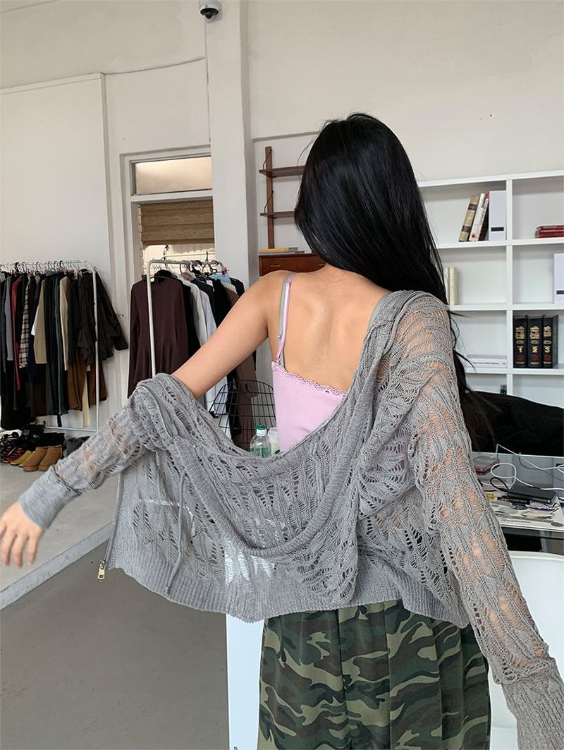 NET SEE-THROUGH KNIT HOOD ZIP-UP