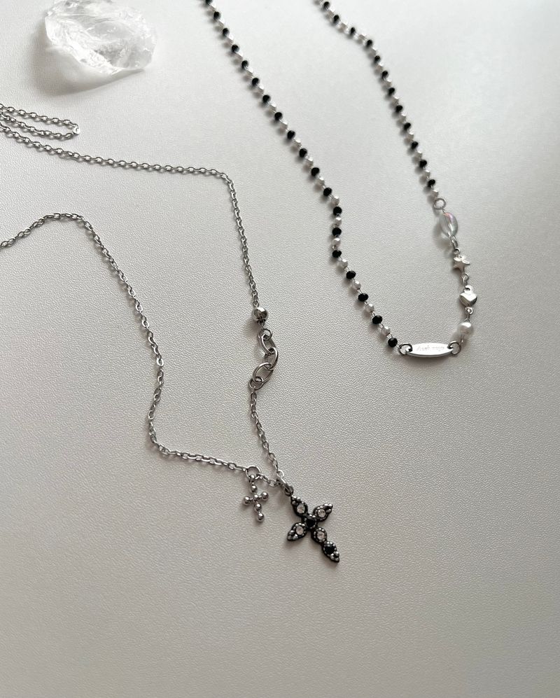 bif black twin cross turquoise stainless steel double ball short long layered gemstone necklace