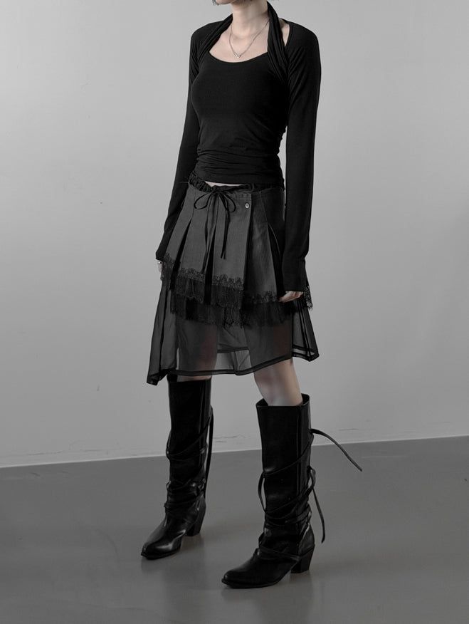 mnem（ムネム）の「Labelly Pleated Wrap Skirt Lace（Skirts）」