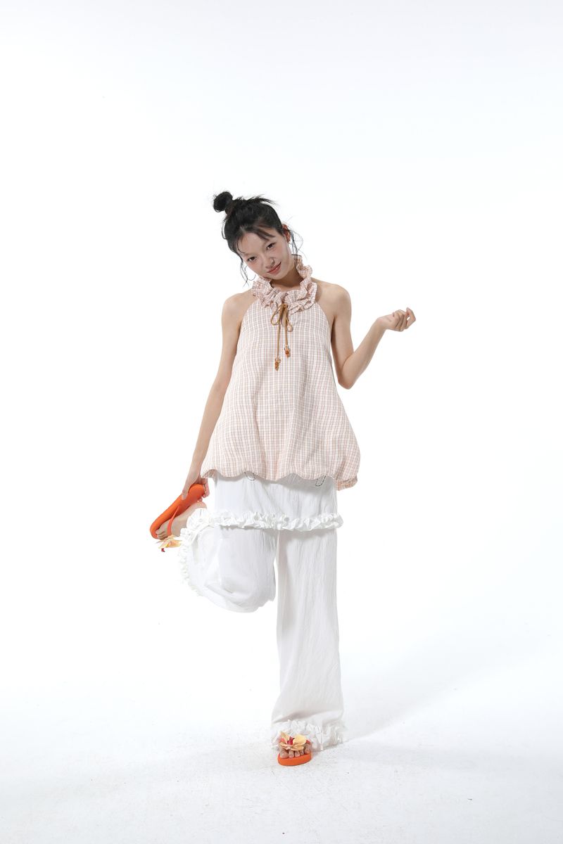 Summon Oak Checkered Halter Strap Tank Top Women's 2025 Summer New Flower Bud Bubble Loose Backless Top