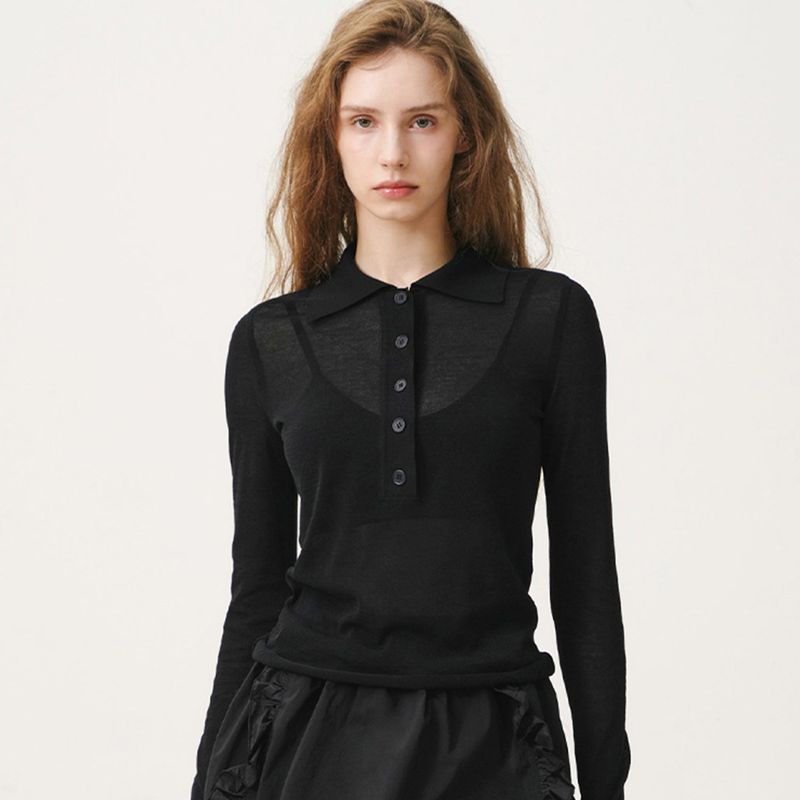 SHEER LONG SLEEVED POLO - BLACK