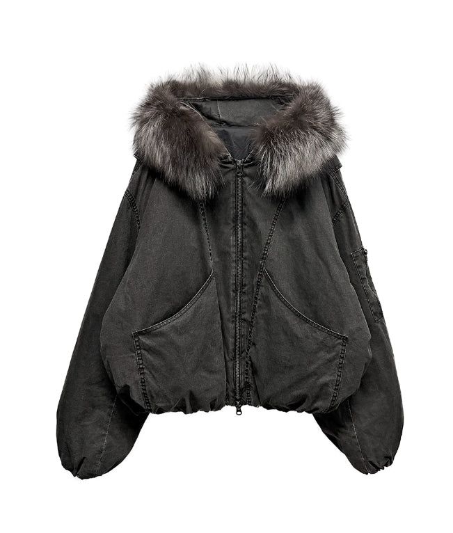 [LANARCH] Fox Fur Hood Bomber Jacket