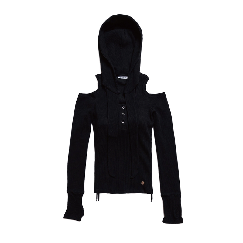 OFF SHOULDER HOODED LONG SLEEVE BLACK