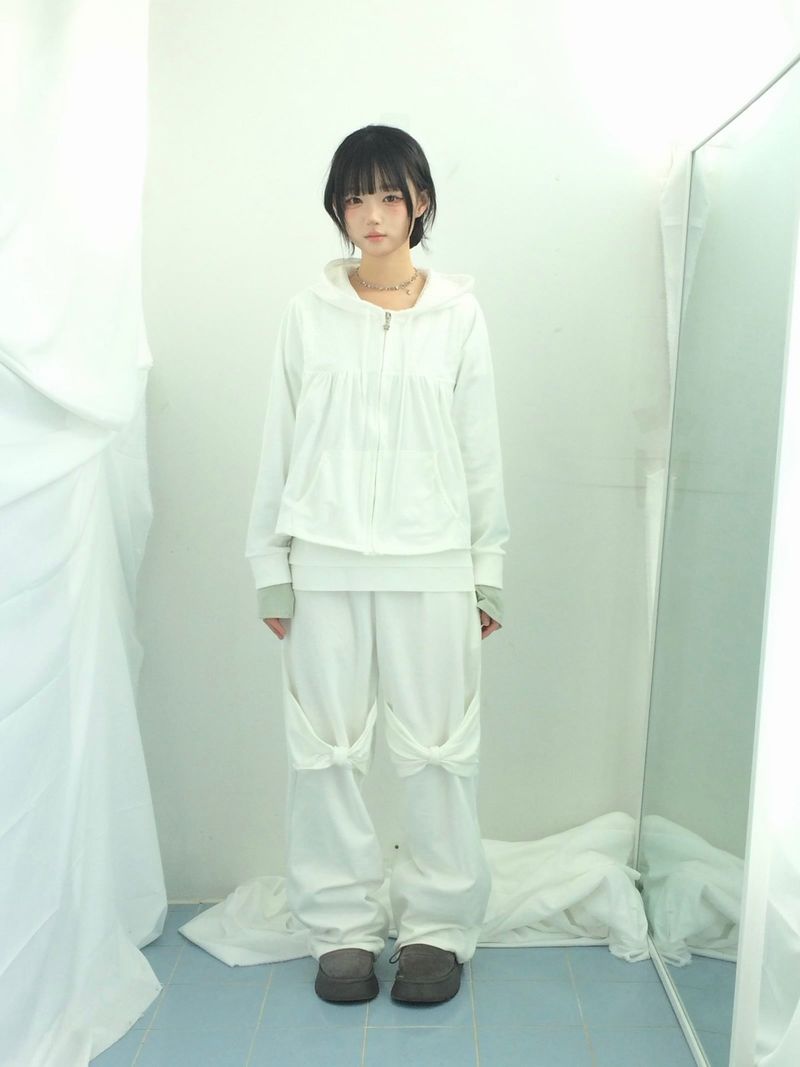 Flower Lace Half-Shirring Hooded Zip-Up