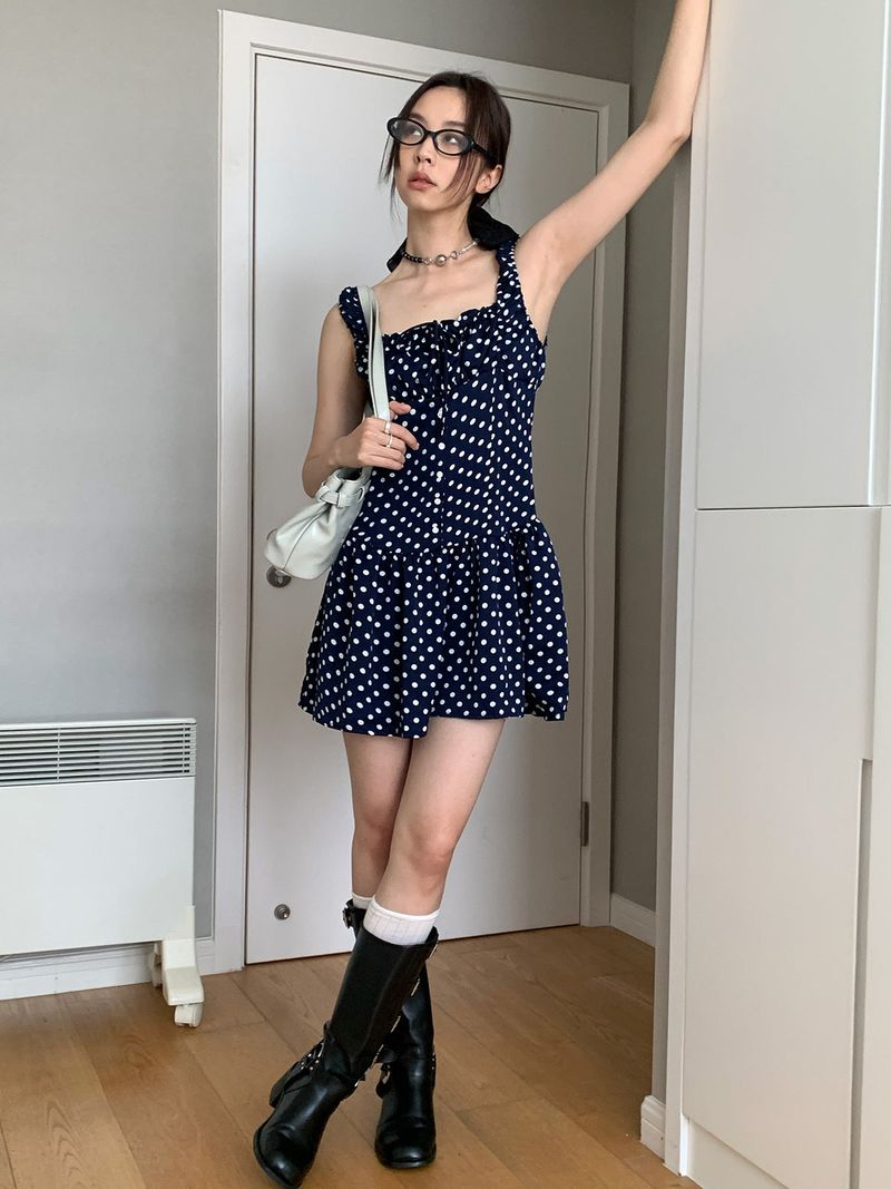 Navy Dotted Square Neck Flared Dress