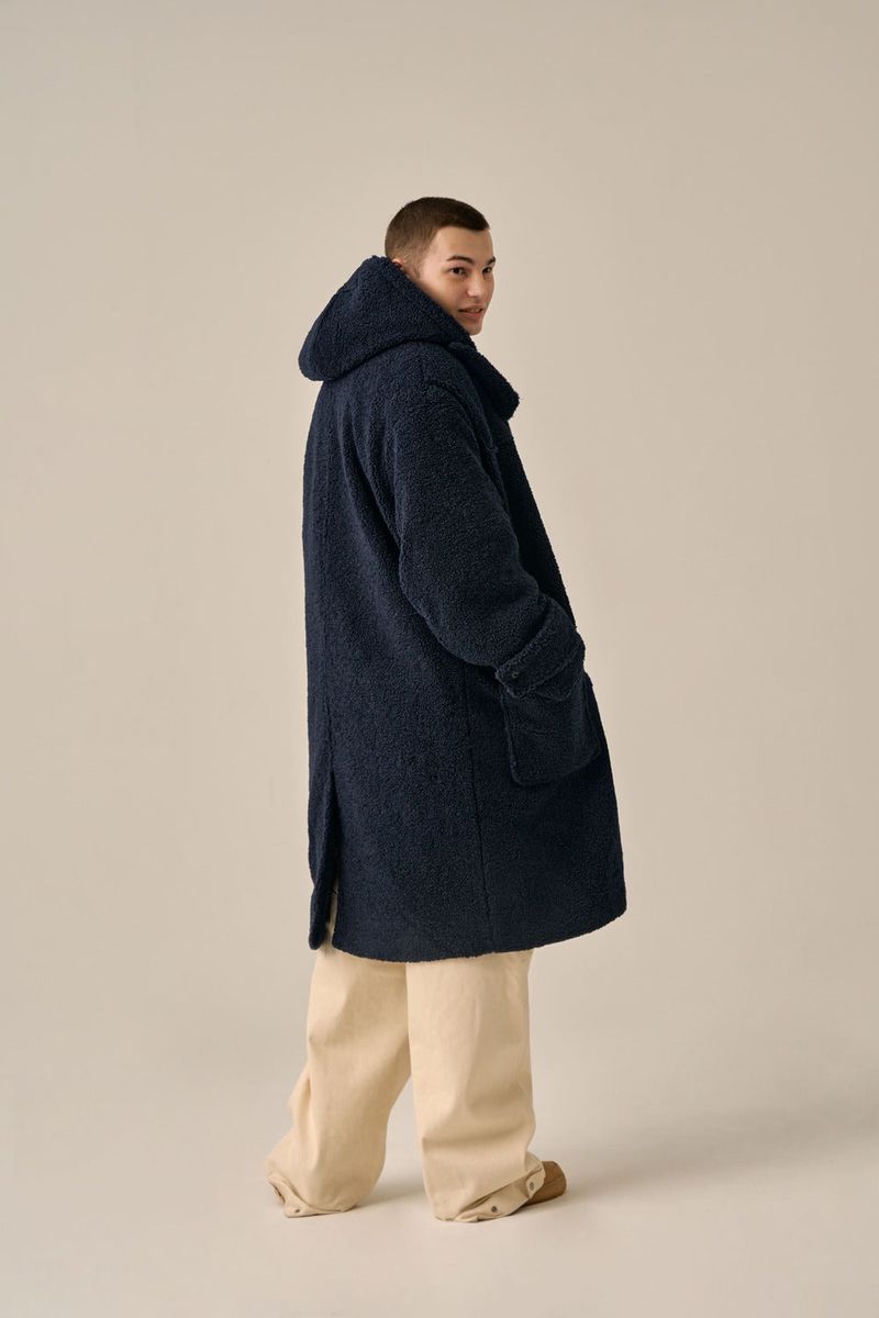 DUFFLE FLEECE HOODED COAT - NAVY