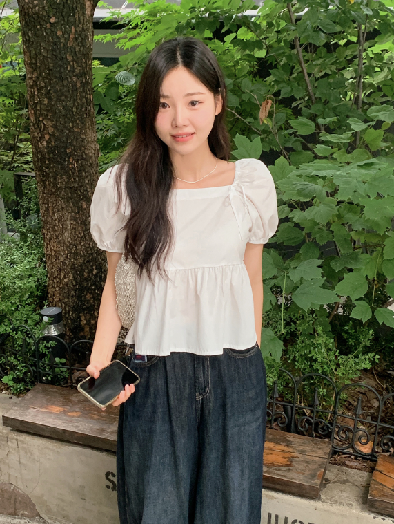 Square Puff Ribbon Short Sleeve Blouse (2color)