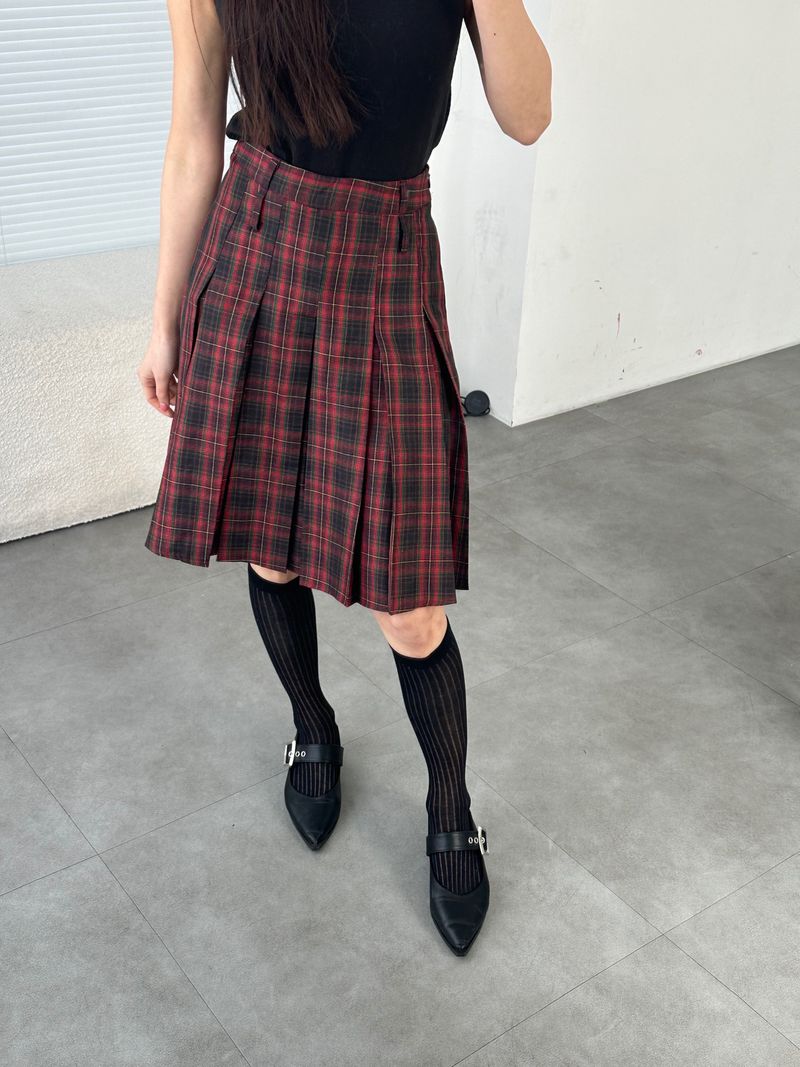 Red Preppy Checkered Midi Pleats Skirt