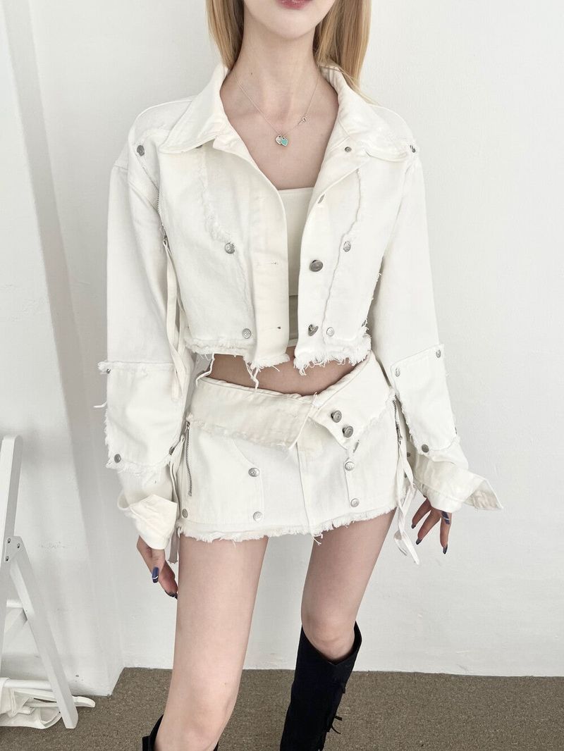 1247. Chic zipper button denim crop jk (2color)