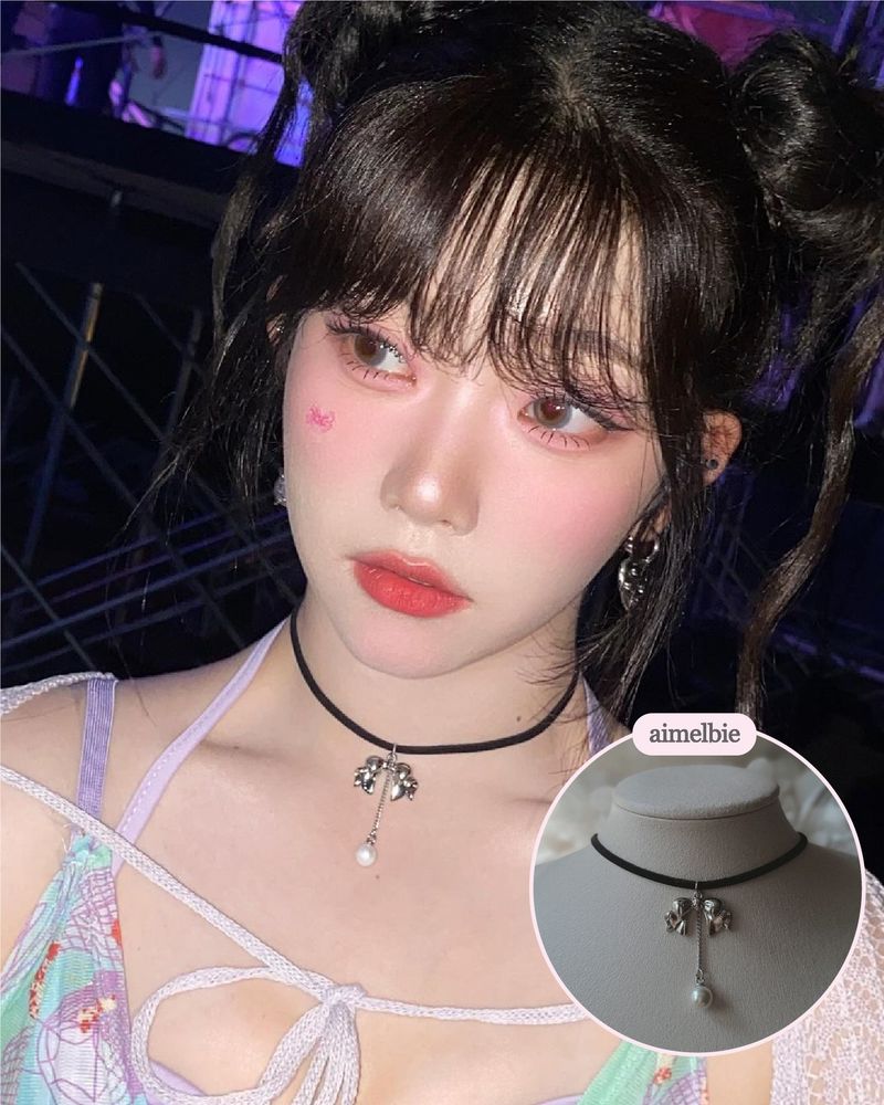 [IVE Wonyoung Necklace] Romantic bow and pearl drop choker - Silver Color