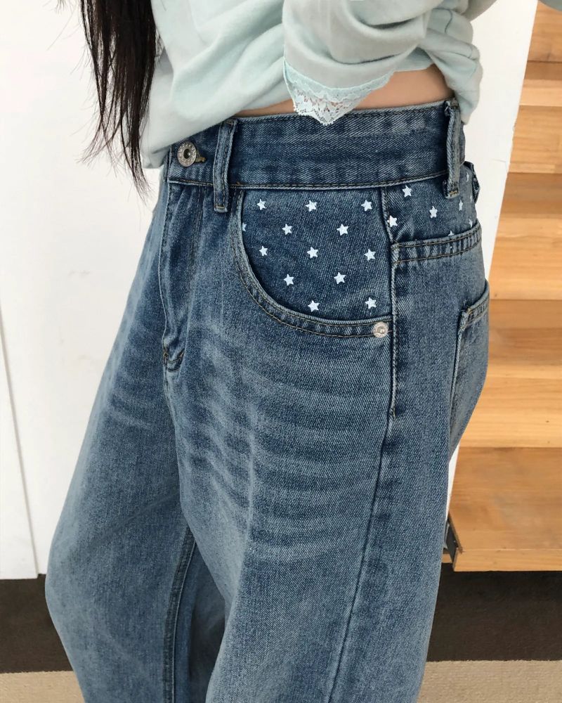 Guen Star Back Buckle Wide-Leg Denim