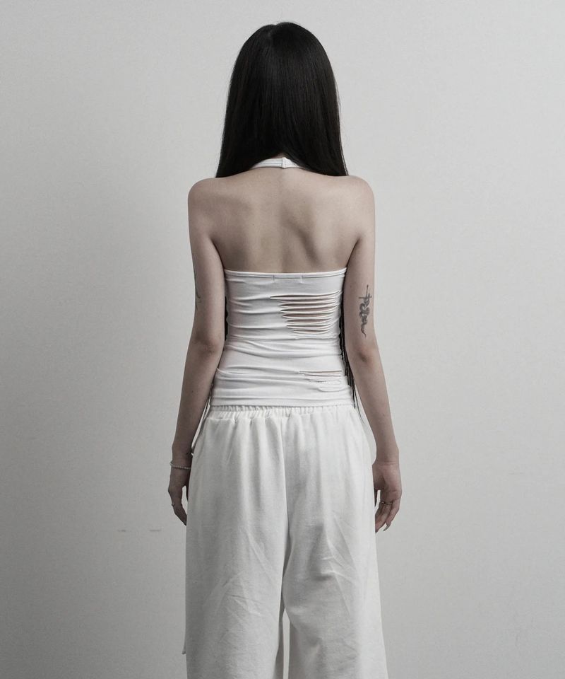[label] hand-cut damage halterneck sleeveless (white)