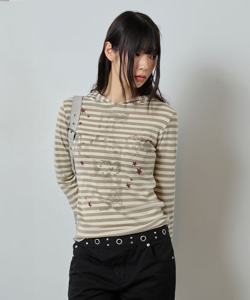 ODDSTUDIO（オッドスタジオ）の「Cross Star Graphic Stripe Hooded Long Sleeve - BEIGE（Tops）」